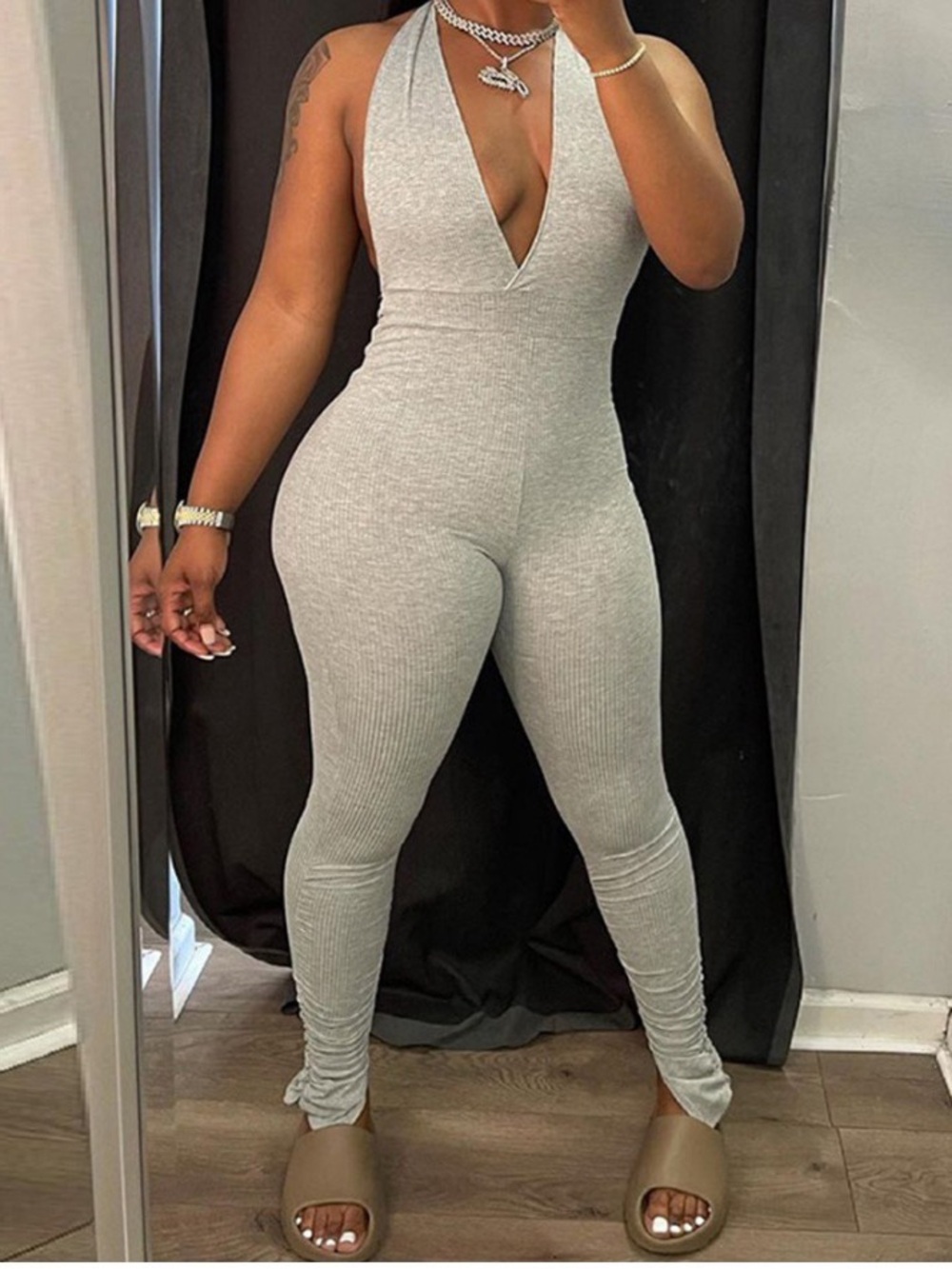 Ribbed Halter Plunge Jumpsuit - Gray